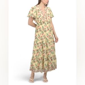 NWT - Max Studio Short Sleeve Yellow & Pink Tiered Maxi Dress - Size L